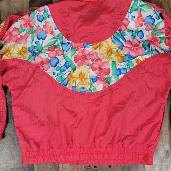 Lavon Jacket Nylon Windbreaker Pink Floral Vintage‎ Medium w/ Shoulder Pads - Picture 9 of 13